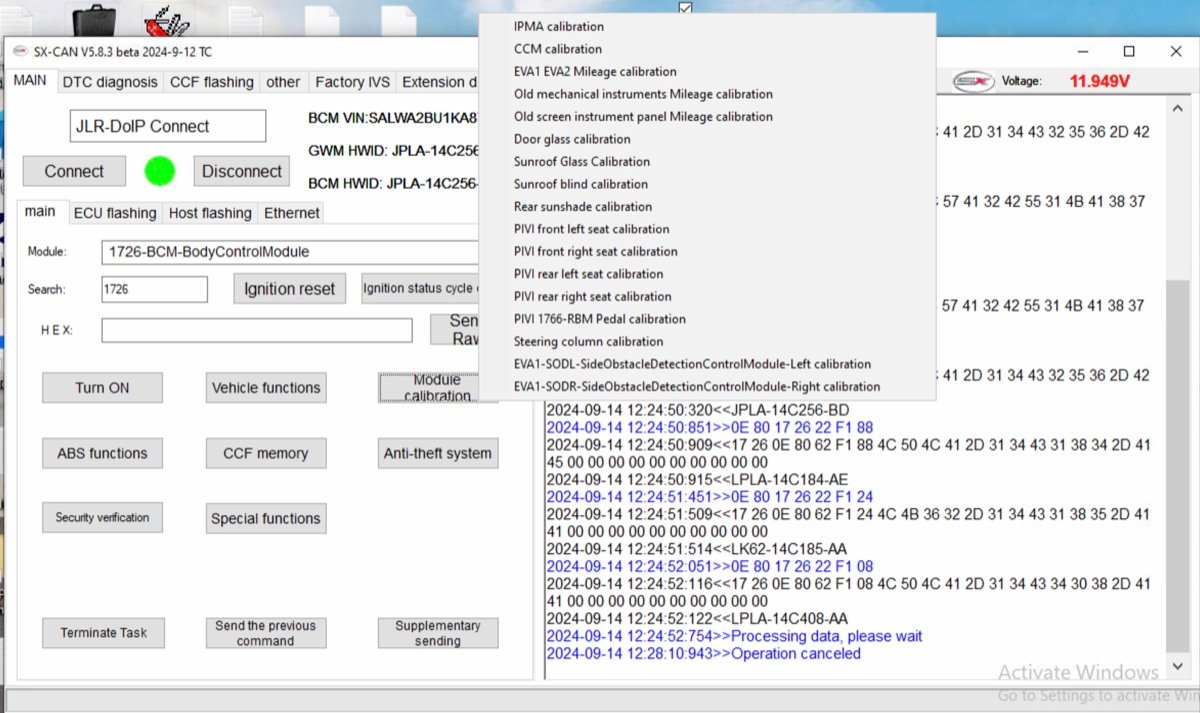 JLR module calibration and coding screen