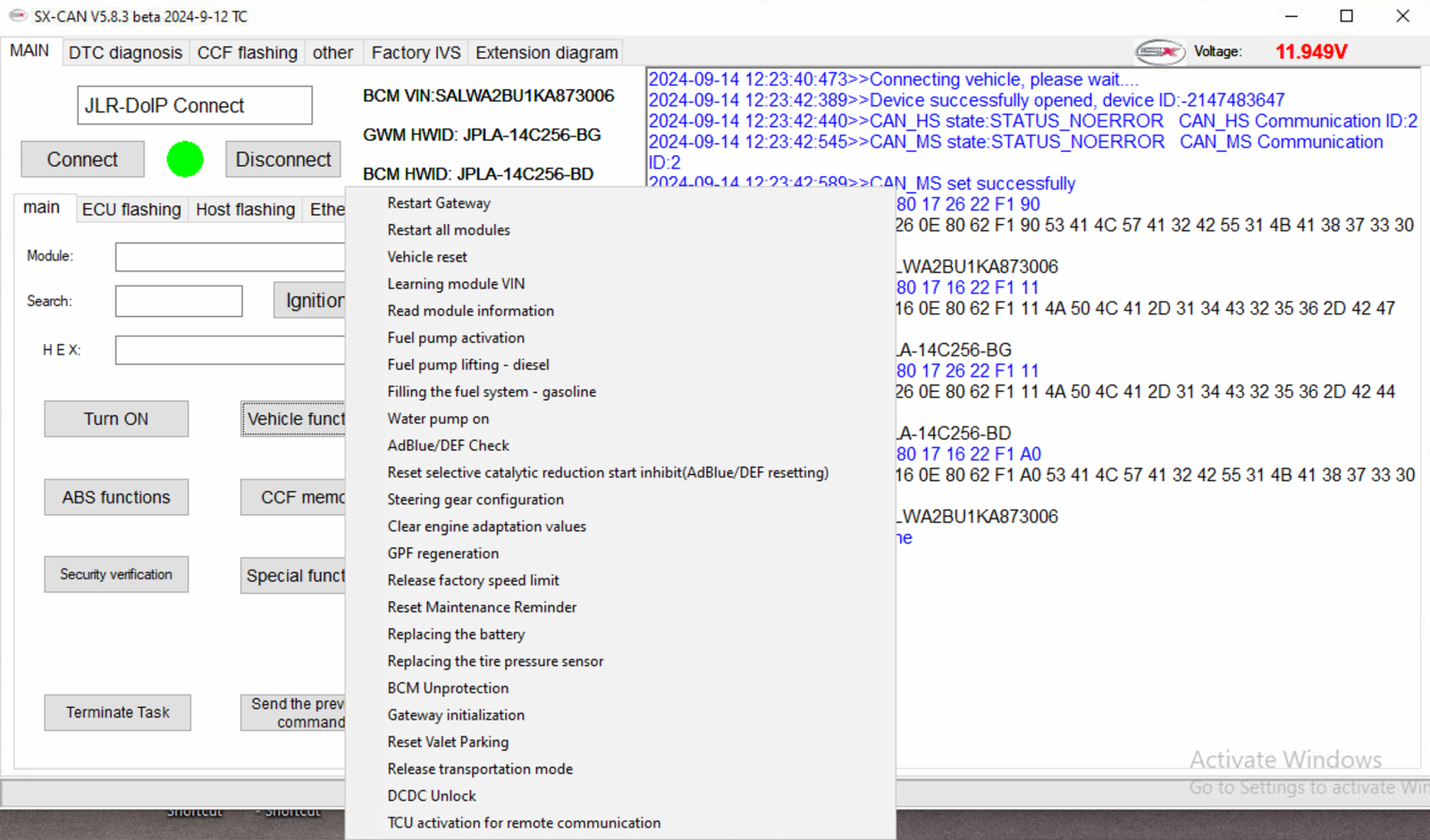 SX-CAN JLR vehicle functions and diagnostic capabilities overview